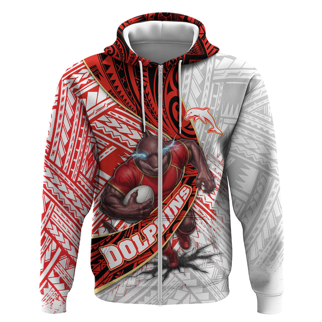 Redcliffe Dolphins NRL Rugby Zip Hoodie Tribal Polynesian Power Art - Lightning Mascot