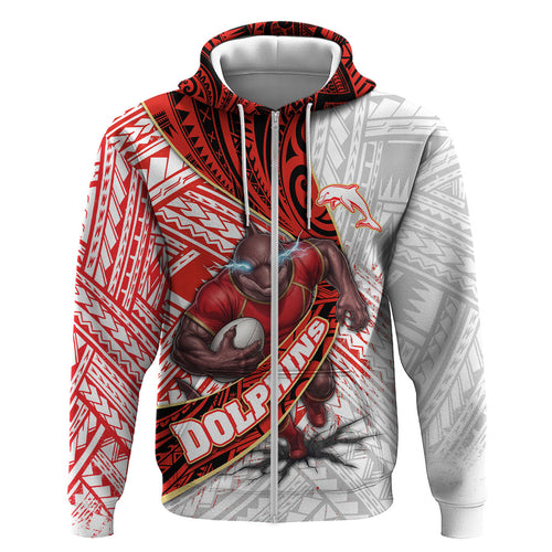 Redcliffe Dolphins NRL Rugby Zip Hoodie Tribal Polynesian Power Art - Lightning Mascot