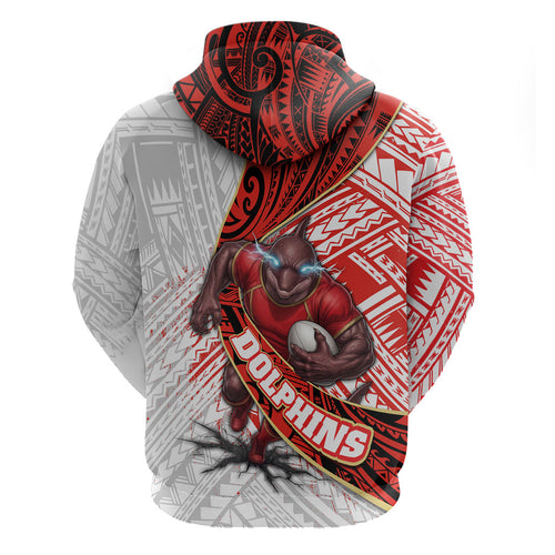 Redcliffe Dolphins NRL Rugby Zip Hoodie Tribal Polynesian Power Art - Lightning Mascot