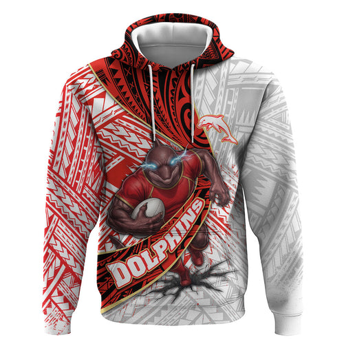 Redcliffe Dolphins NRL Rugby Zip Hoodie Tribal Polynesian Power Art - Lightning Mascot