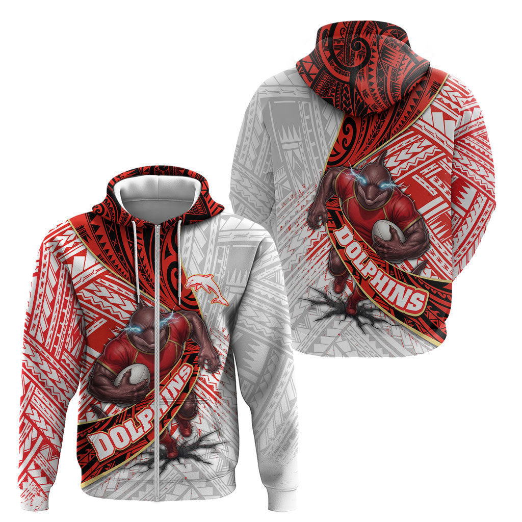 Redcliffe Dolphins NRL Rugby Zip Hoodie Tribal Polynesian Power Art - Lightning Mascot