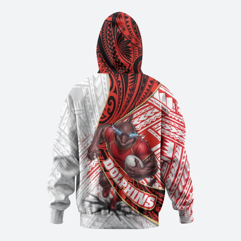 Redcliffe Dolphins NRL Rugby Zip Hoodie Tribal Polynesian Power Art - Lightning Mascot