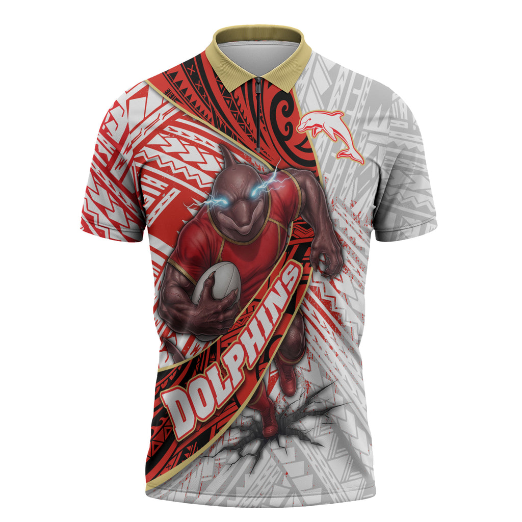 Redcliffe Dolphins NRL Rugby Zipper Polo Shirt Tribal Polynesian Power Art - Lightning Mascot