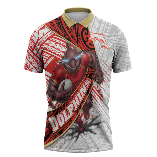 Redcliffe Dolphins NRL Rugby Zipper Polo Shirt Tribal Polynesian Power Art - Lightning Mascot