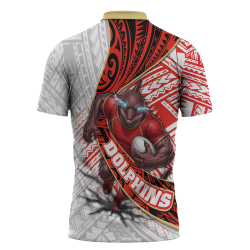 Redcliffe Dolphins NRL Rugby Zipper Polo Shirt Tribal Polynesian Power Art - Lightning Mascot