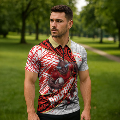 Redcliffe Dolphins NRL Rugby Zipper Polo Shirt Tribal Polynesian Power Art - Lightning Mascot