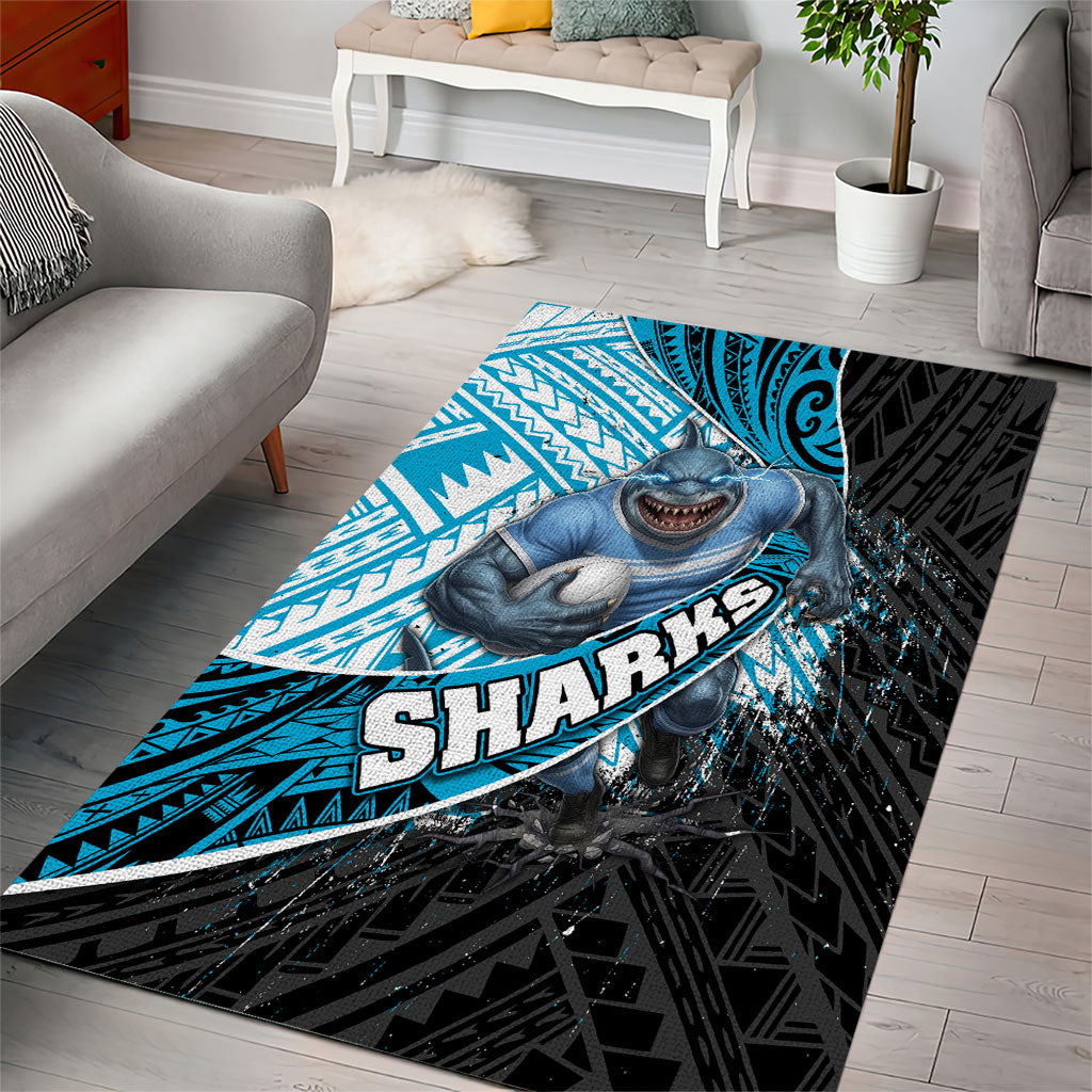 Cronulla Sutherland Sharks Rugby Area Rug Tribal Polynesian Power Art - Lightning Mascot