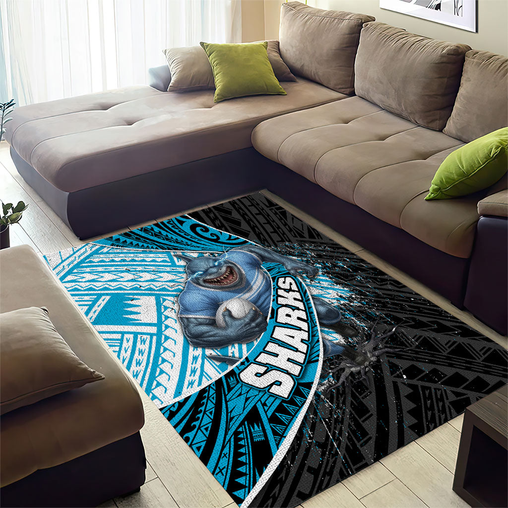 Cronulla Sutherland Sharks Rugby Area Rug Tribal Polynesian Power Art - Lightning Mascot
