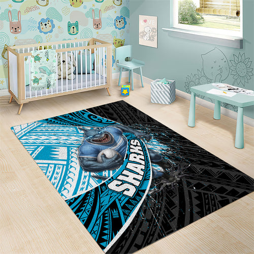 Cronulla Sutherland Sharks Rugby Area Rug Tribal Polynesian Power Art - Lightning Mascot
