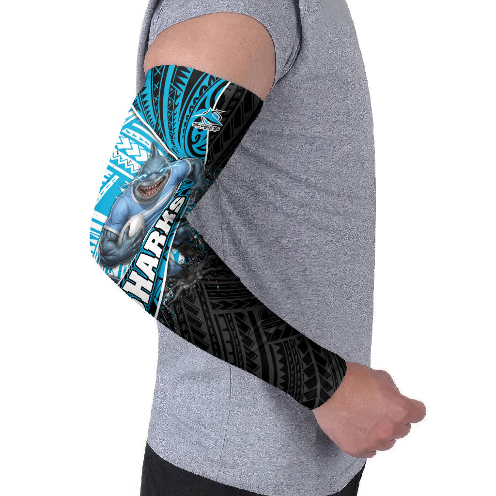 Cronulla Sutherland Sharks Rugby Arm Sleeves Tribal Polynesian Power Art - Lightning Mascot