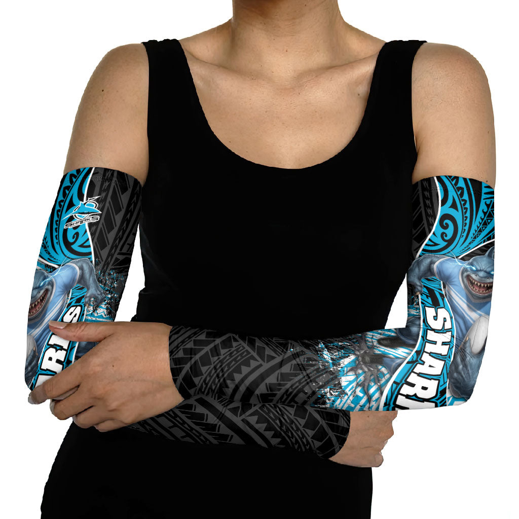 Cronulla Sutherland Sharks Rugby Arm Sleeves Tribal Polynesian Power Art - Lightning Mascot
