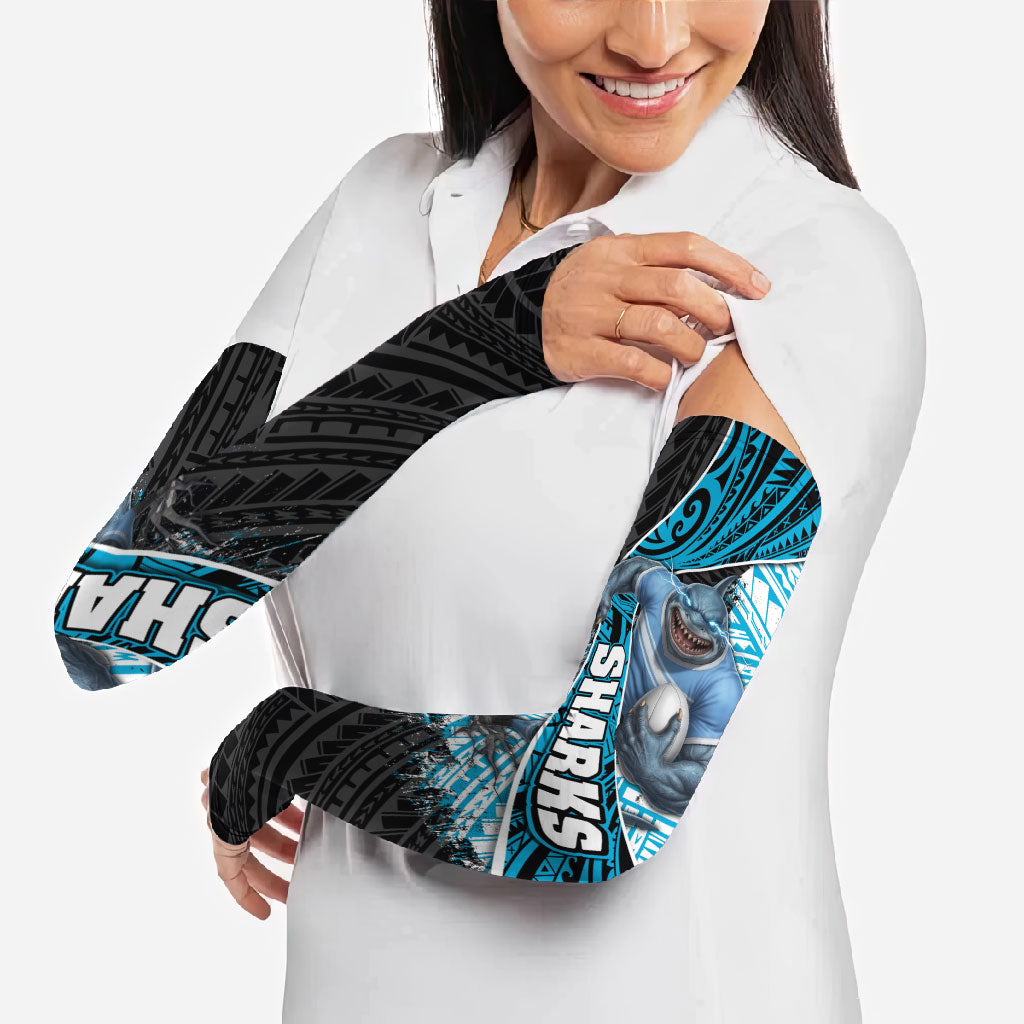 Cronulla Sutherland Sharks Rugby Arm Sleeves Tribal Polynesian Power Art - Lightning Mascot