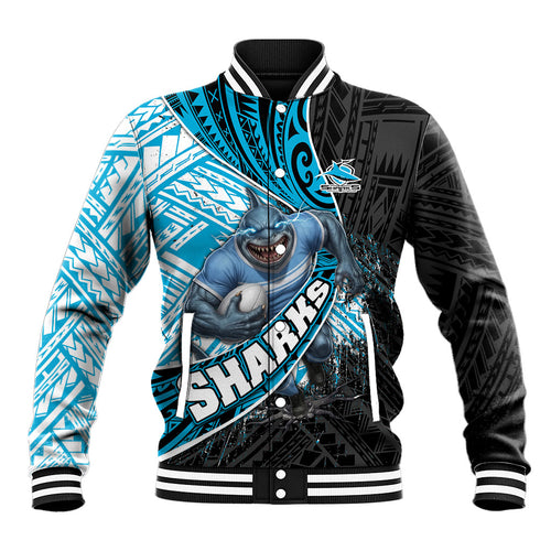Cronulla Sutherland Sharks Rugby Baseball Jacket Tribal Polynesian Power Art - Lightning Mascot