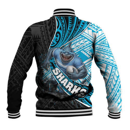 Cronulla Sutherland Sharks Rugby Baseball Jacket Tribal Polynesian Power Art - Lightning Mascot