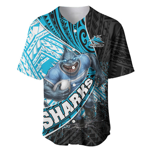 Cronulla Sutherland Sharks Rugby Baseball Jersey Tribal Polynesian Power Art - Lightning Mascot