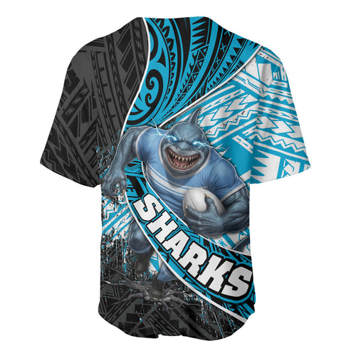 Cronulla Sutherland Sharks Rugby Baseball Jersey Tribal Polynesian Power Art - Lightning Mascot
