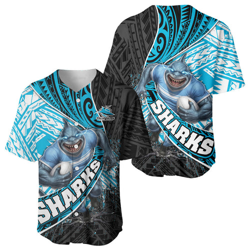 Cronulla Sutherland Sharks Rugby Baseball Jersey Tribal Polynesian Power Art - Lightning Mascot