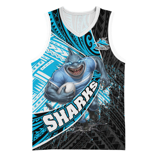 Cronulla Sutherland Sharks Rugby Basketball Jersey Tribal Polynesian Power Art - Lightning Mascot