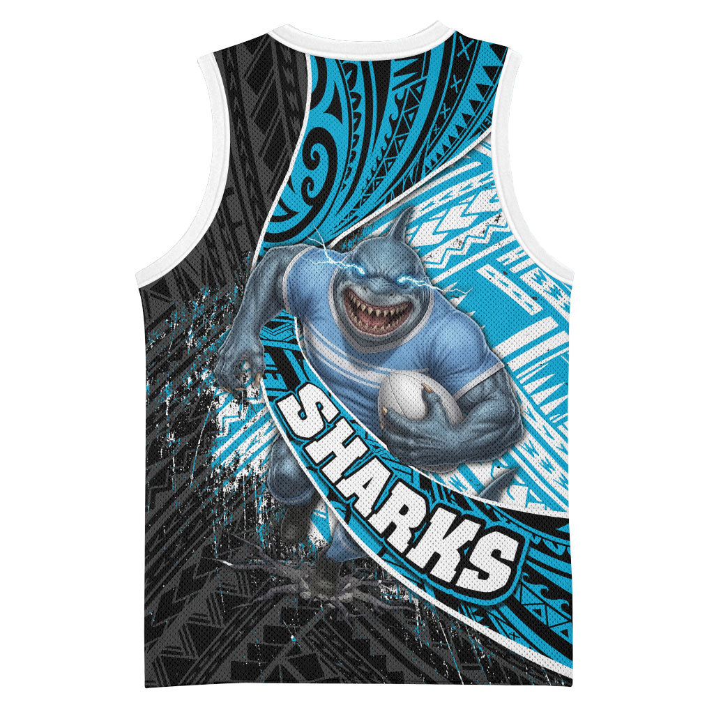 Cronulla Sutherland Sharks Rugby Basketball Jersey Tribal Polynesian Power Art - Lightning Mascot
