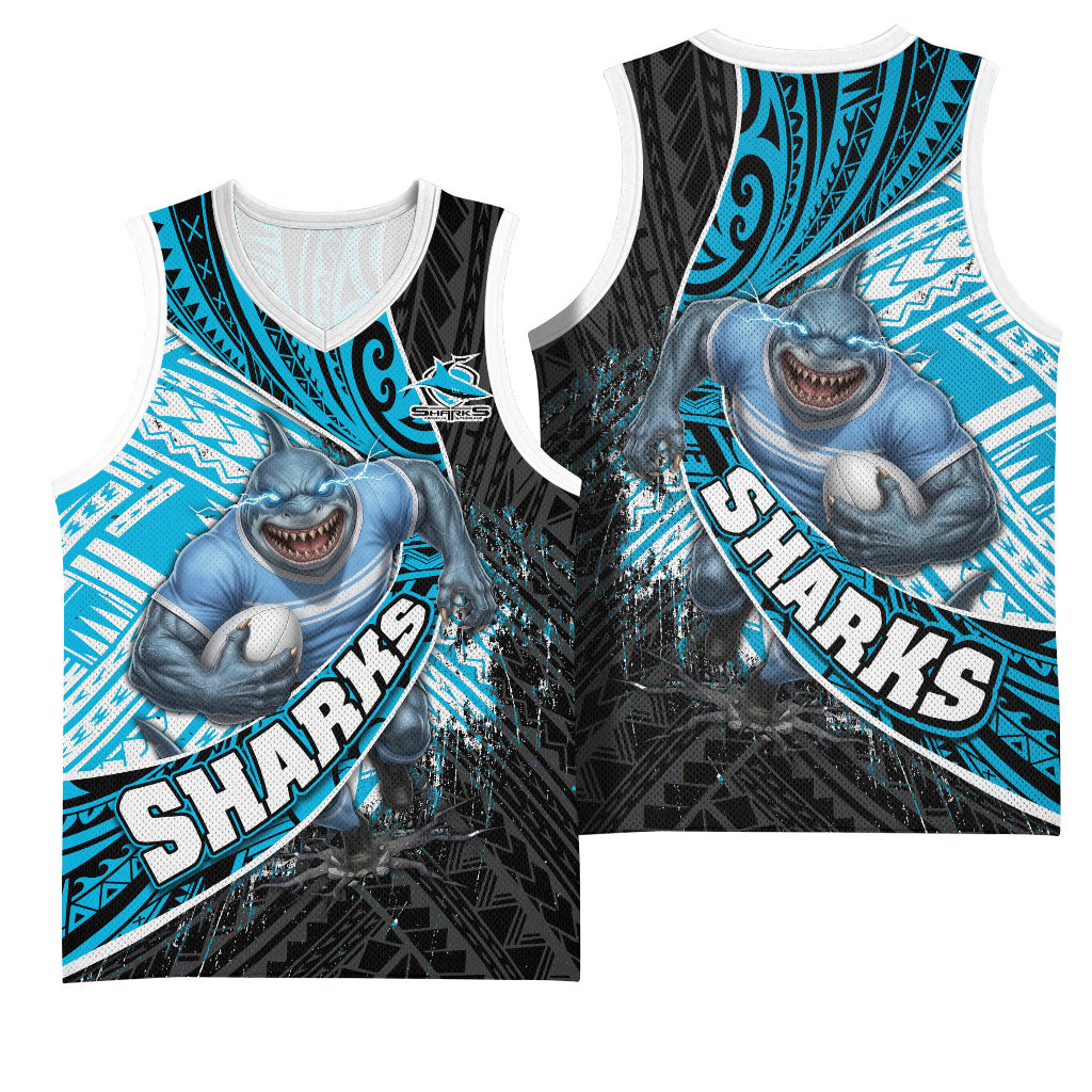 Cronulla Sutherland Sharks Rugby Basketball Jersey Tribal Polynesian Power Art - Lightning Mascot