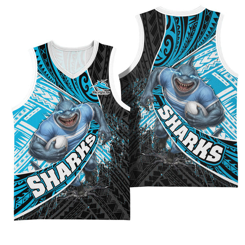 Cronulla Sutherland Sharks Rugby Basketball Jersey Tribal Polynesian Power Art - Lightning Mascot