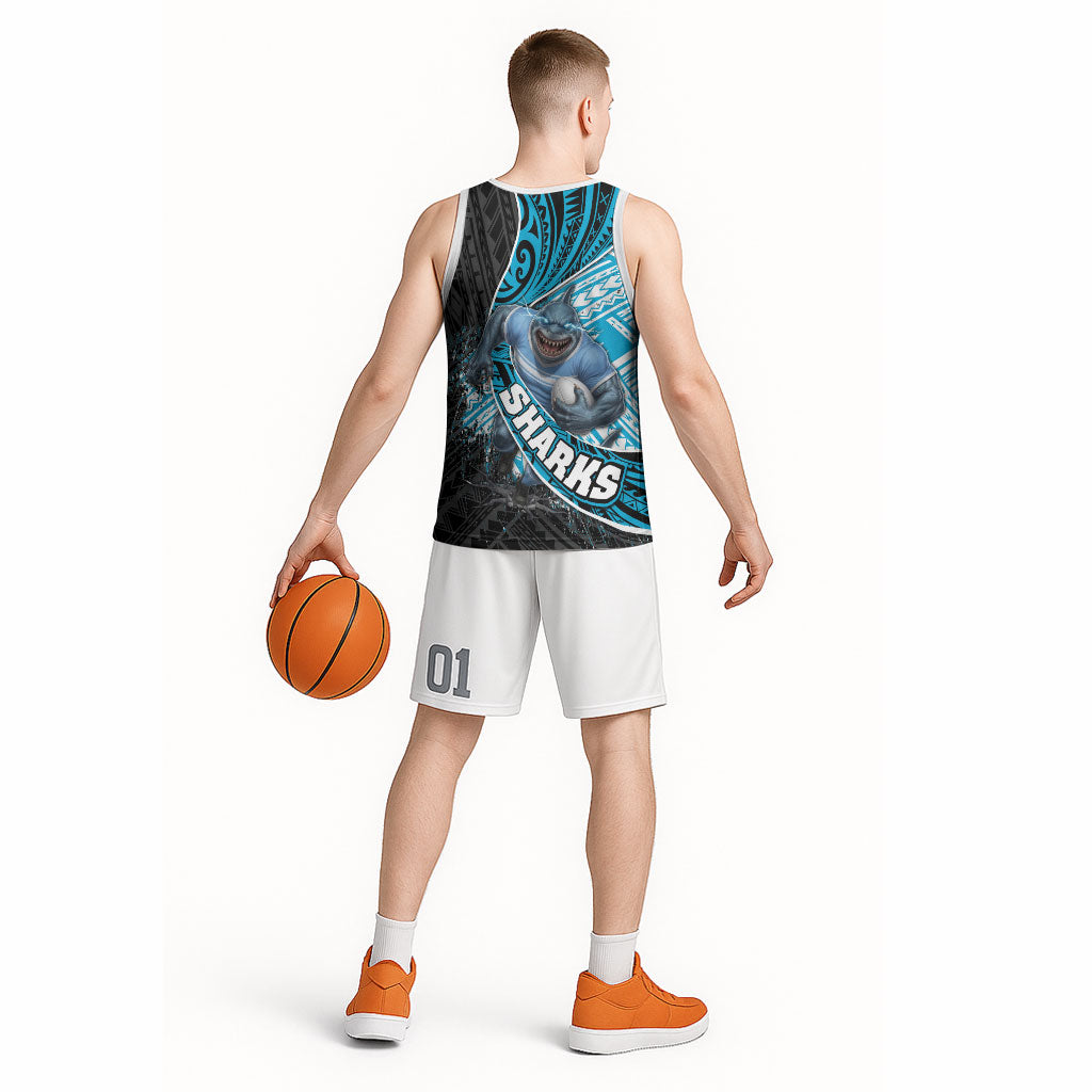 Cronulla Sutherland Sharks Rugby Basketball Jersey Tribal Polynesian Power Art - Lightning Mascot