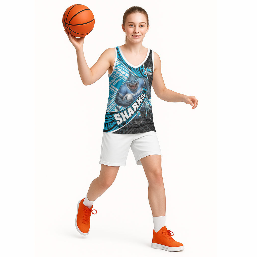 Cronulla Sutherland Sharks Rugby Basketball Jersey Tribal Polynesian Power Art - Lightning Mascot