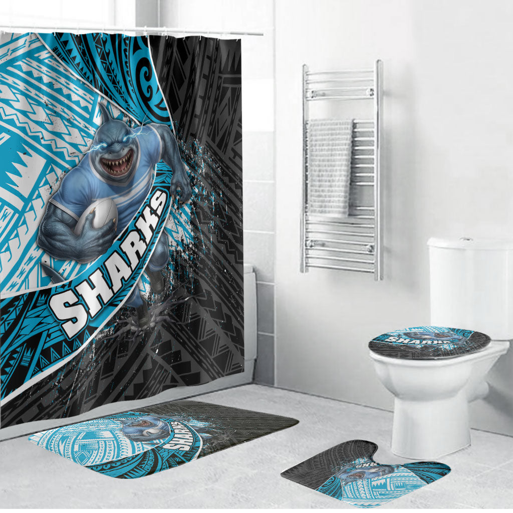 Cronulla Sutherland Sharks Rugby Bathroom Set Tribal Polynesian Power Art - Lightning Mascot