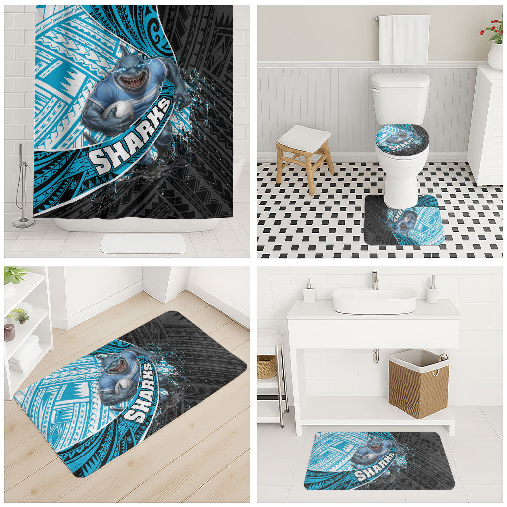 Cronulla Sutherland Sharks Rugby Bathroom Set Tribal Polynesian Power Art - Lightning Mascot