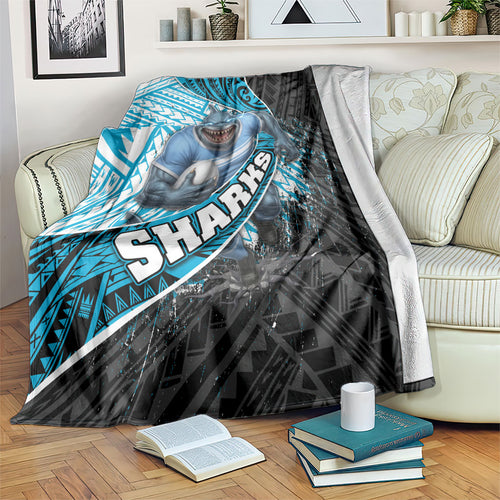Cronulla Sutherland Sharks Rugby Blanket Tribal Polynesian Power Art - Lightning Mascot