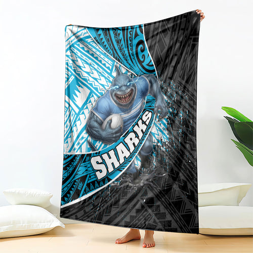 Cronulla Sutherland Sharks Rugby Blanket Tribal Polynesian Power Art - Lightning Mascot
