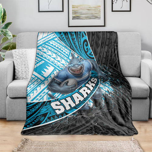 Cronulla Sutherland Sharks Rugby Blanket Tribal Polynesian Power Art - Lightning Mascot