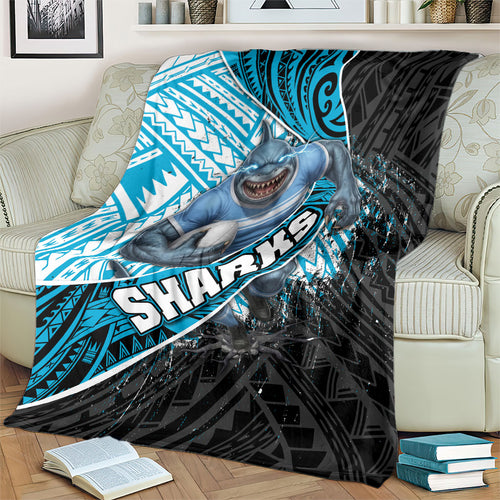 Cronulla Sutherland Sharks Rugby Blanket Tribal Polynesian Power Art - Lightning Mascot