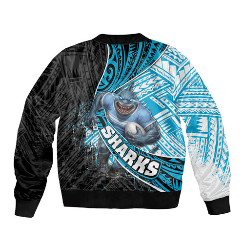 Cronulla Sutherland Sharks Rugby Bomber Jacket Tribal Polynesian Power Art - Lightning Mascot