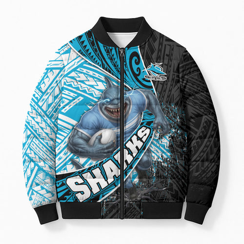 Cronulla Sutherland Sharks Rugby Bomber Puffer Jacket Tribal Polynesian Power Art - Lightning Mascot