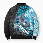 Cronulla Sutherland Sharks Rugby Bomber Puffer Jacket Tribal Polynesian Power Art - Lightning Mascot