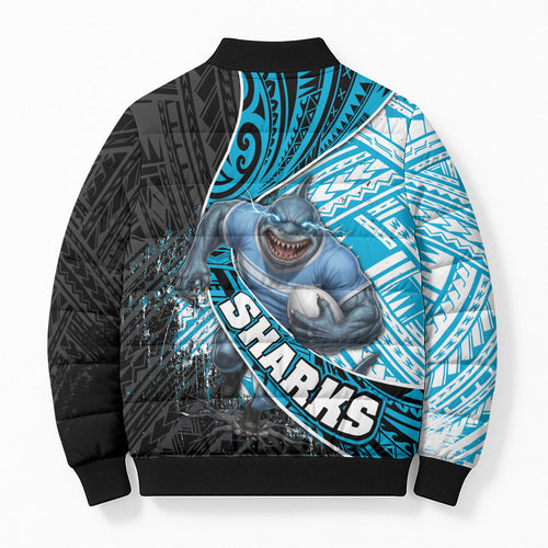 Cronulla Sutherland Sharks Rugby Bomber Puffer Jacket Tribal Polynesian Power Art - Lightning Mascot