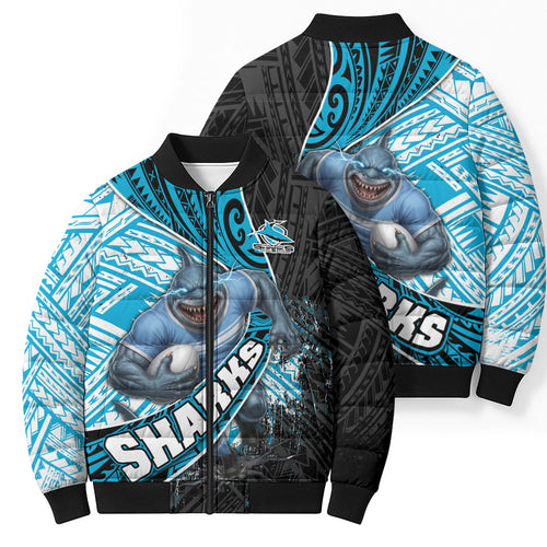 Cronulla Sutherland Sharks Rugby Bomber Puffer Jacket Tribal Polynesian Power Art - Lightning Mascot