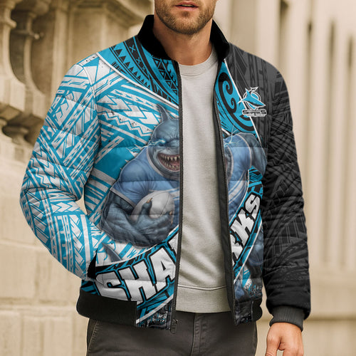 Cronulla Sutherland Sharks Rugby Bomber Puffer Jacket Tribal Polynesian Power Art - Lightning Mascot