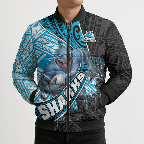 Cronulla Sutherland Sharks Rugby Bomber Puffer Jacket Tribal Polynesian Power Art - Lightning Mascot