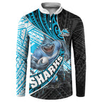 Cronulla Sutherland Sharks Rugby Button Sweatshirt Tribal Polynesian Power Art - Lightning Mascot