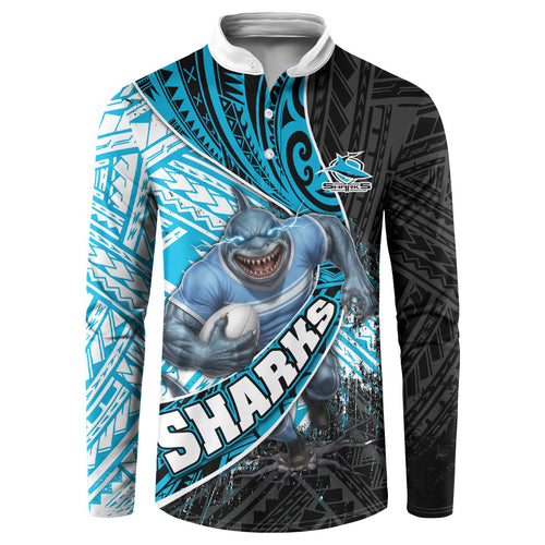 Cronulla Sutherland Sharks Rugby Button Sweatshirt Tribal Polynesian Power Art - Lightning Mascot