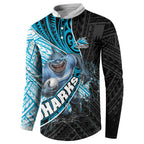 Cronulla Sutherland Sharks Rugby Button Sweatshirt Tribal Polynesian Power Art - Lightning Mascot