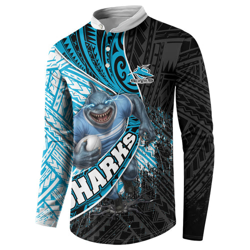 Cronulla Sutherland Sharks Rugby Button Sweatshirt Tribal Polynesian Power Art - Lightning Mascot