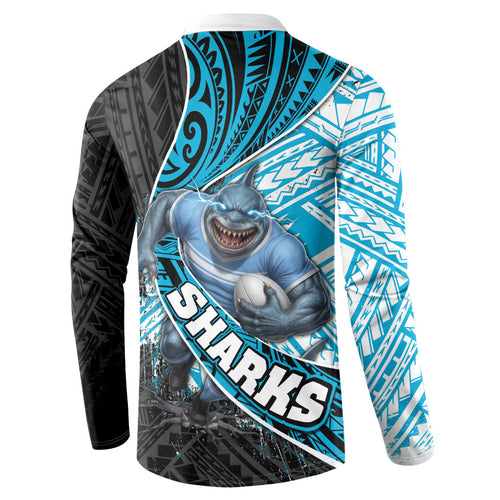 Cronulla Sutherland Sharks Rugby Button Sweatshirt Tribal Polynesian Power Art - Lightning Mascot