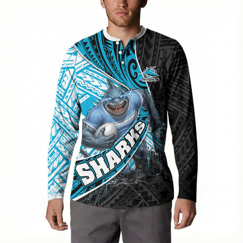 Cronulla Sutherland Sharks Rugby Button Sweatshirt Tribal Polynesian Power Art - Lightning Mascot