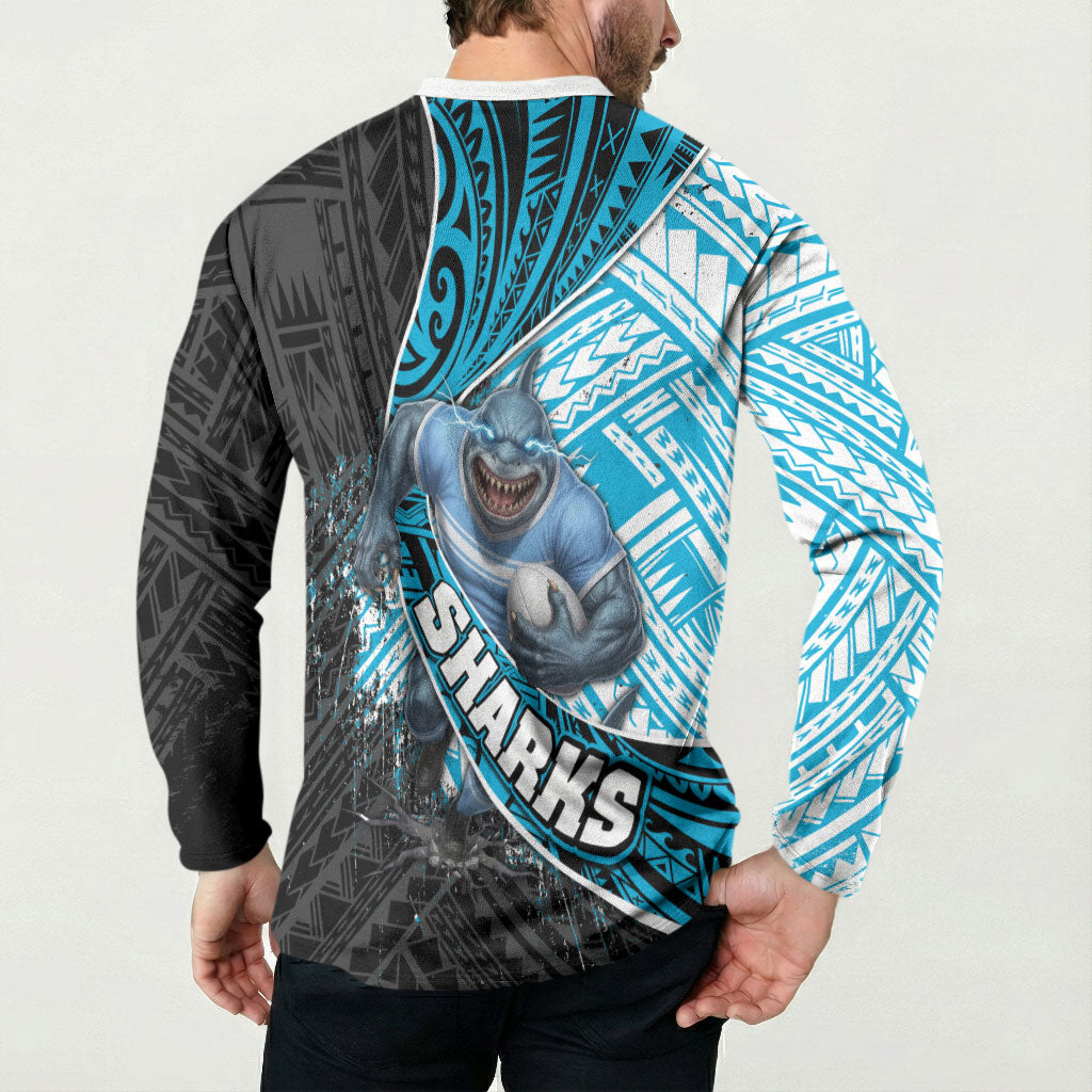 Cronulla Sutherland Sharks Rugby Button Sweatshirt Tribal Polynesian Power Art - Lightning Mascot