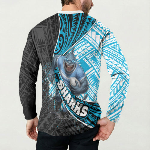 Cronulla Sutherland Sharks Rugby Button Sweatshirt Tribal Polynesian Power Art - Lightning Mascot
