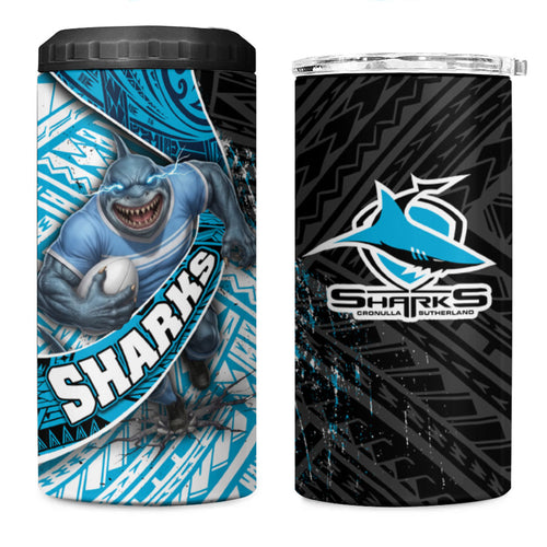 Cronulla Sutherland Sharks Rugby 4 in 1 Can Cooler Tumbler Tribal Polynesian Power Art - Lightning Mascot