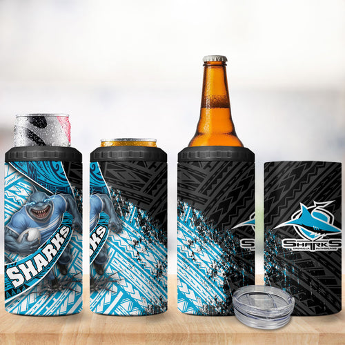 Cronulla Sutherland Sharks Rugby 4 in 1 Can Cooler Tumbler Tribal Polynesian Power Art - Lightning Mascot